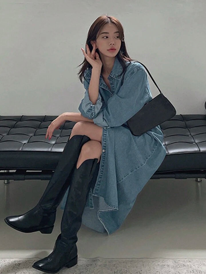 CM-DS093431 Women Casual Seoul Style Front Button Closure Dropped Shoulder Loose Denim Dress - Blue