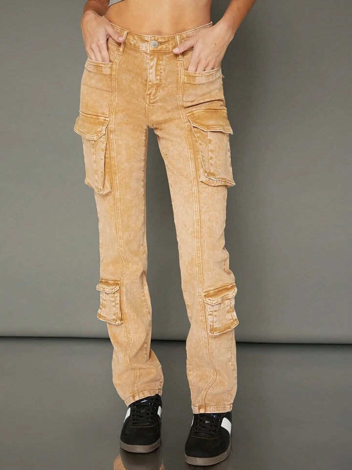 CM-BS124121 Women Casual Seoul Style Premium Denim Straight Leg Cargo Jeans - Khaki