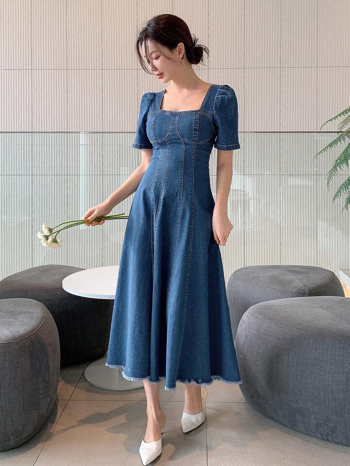 CM-DS600208 Women Casual Seoul Style Square Neckline Puff Sleeve Frayed Hem Denim Dress - Blue