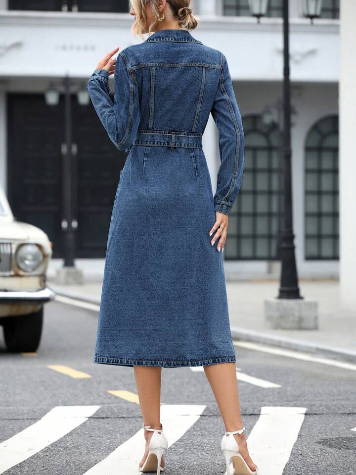 CM-DS140304 Women Casual Seoul Style Collar Neckline Fake Pocket-Breasted Belted Denim Dress - Blue