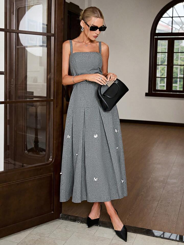 CM-DS414944 Women Elegant Seoul Style Spaghetti Strap Sleeveless Beaded Dress - Dark Gray