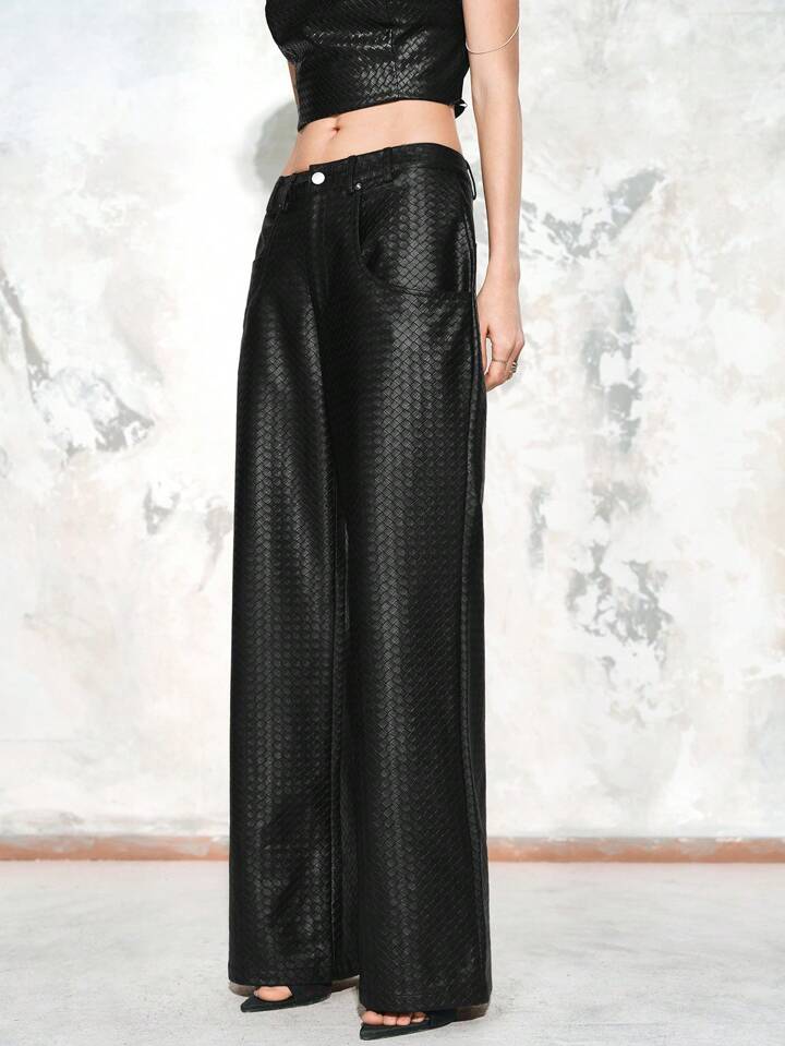 CM-BS364653 Women Elegant Seoul Style Elastic Waist Plaid Weave Versatile Faux Leather Pants - Black