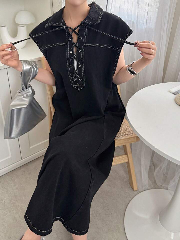 CM-DS455128 Women Casual Seoul Style Collar Neckline Batwing Sleeve Denim Dress - Black