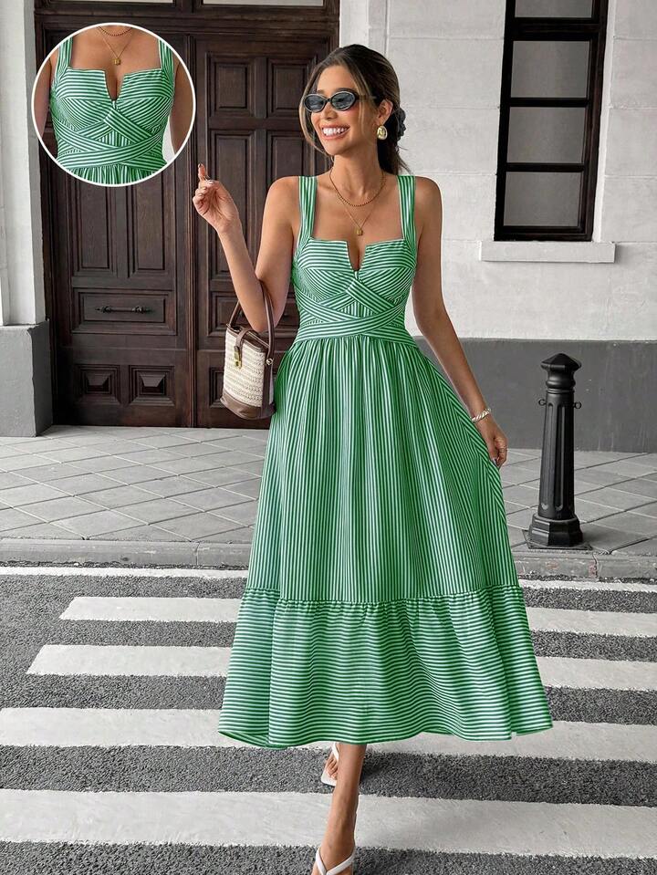 CM-DS946920 Women Trendy Bohemian Style V-Neck Sleeveless Striped Criss-Cross Dress - Green