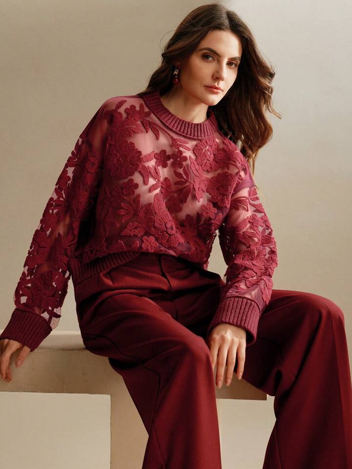 CM-CS301194 Women Casual Seoul Style Floral Pattern Round Neck Long Sleeve Knit Sweater - Burgundy