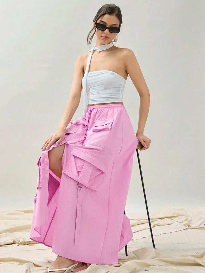 CM-BS691073 Women Casual Seoul Style Solid Color Drawstring Waist Pocketed Split Hem Skirt