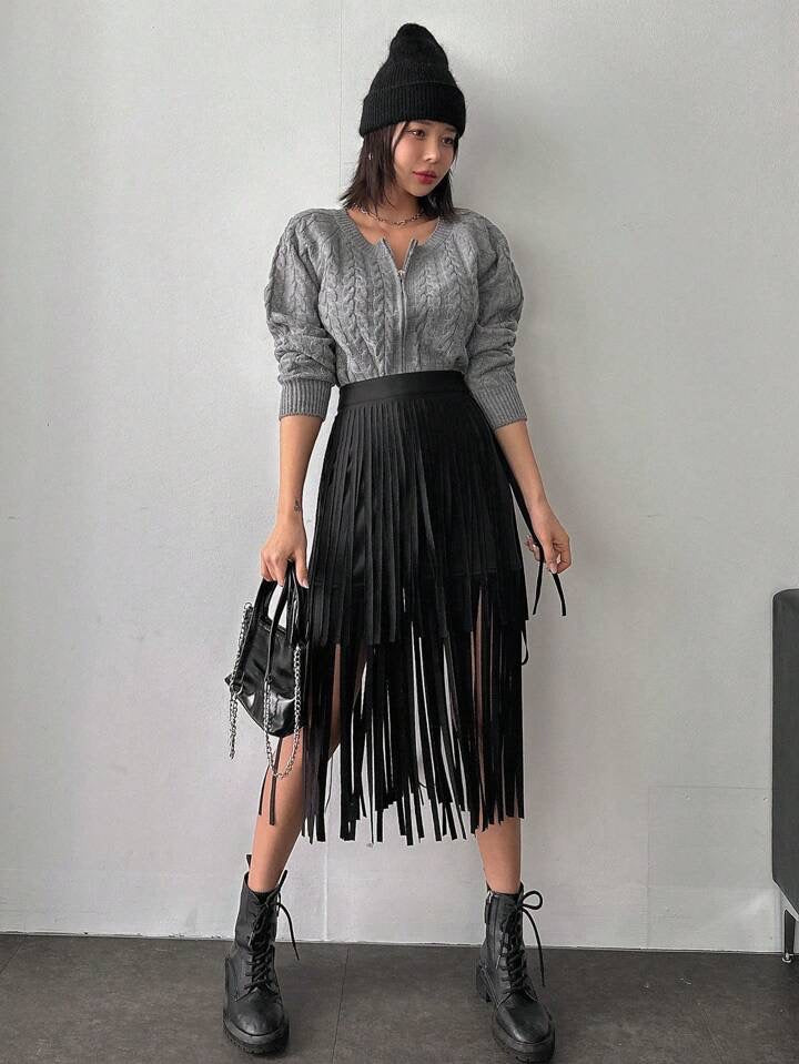 CM-BS128411 Women Casual Seoul Style Asymmetrical Patchwork Fringe Skirt - Black