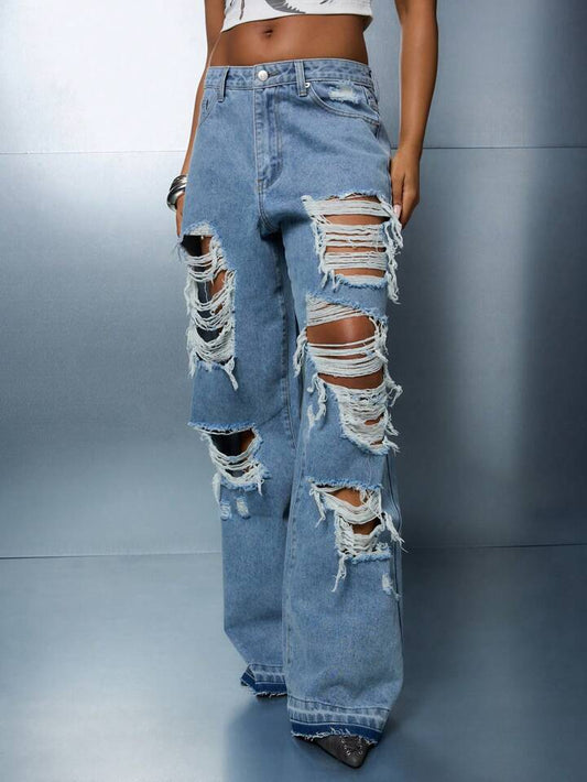 CM-BS669466 Women Casual Seoul Style Distressed Loose Straight Fit Denim Jeans - Blue