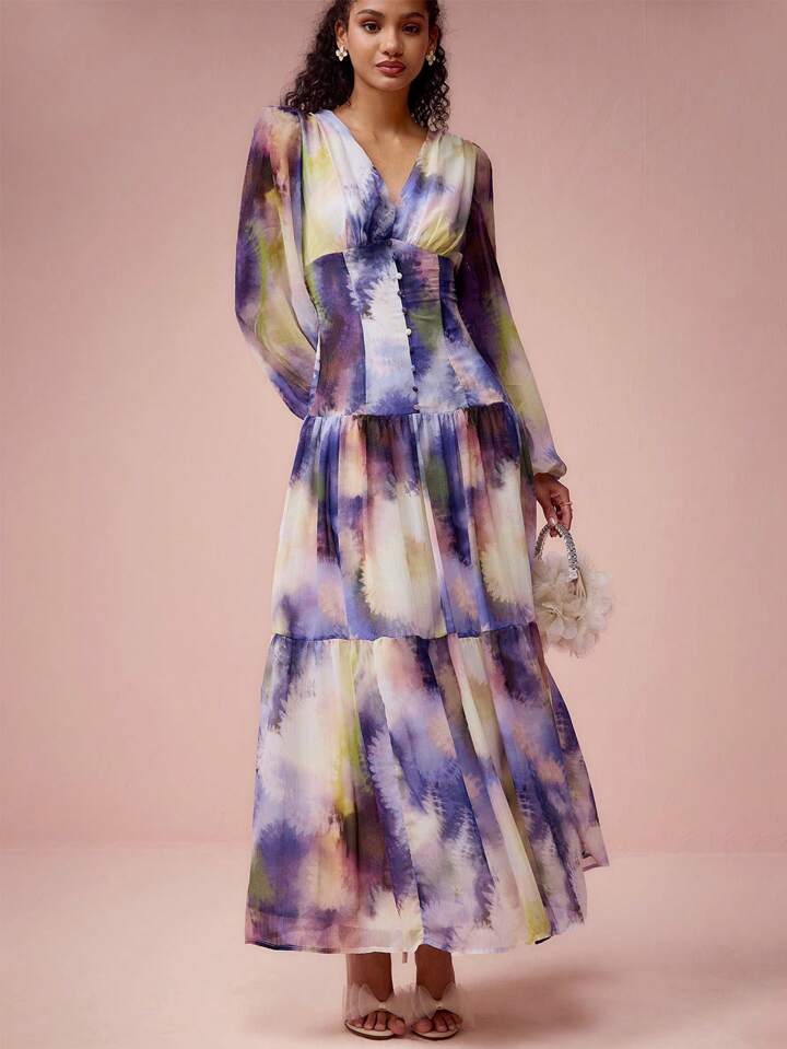 CM-DS748264 Women Elegant Seoul Style V-Neck Lantern Sleeve Dye Print A-Line Maxi Dress