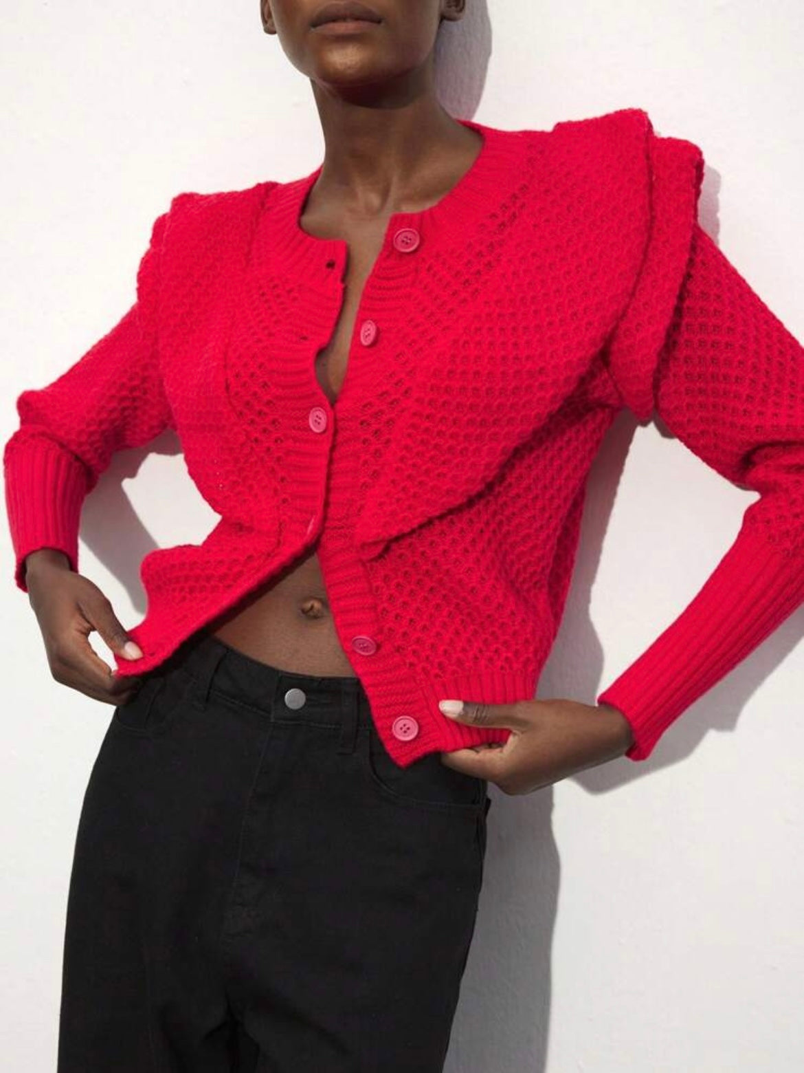 CM-CS833679 Women Casual Seoul Style Lace Patchwork Long Sleeve Cardigan Sweater - Red