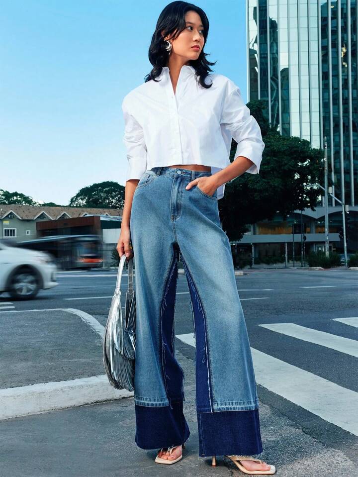 CM-BS052067 Women Casual Seoul Style Light Wash Colorblock Insert Pocket Loose Fit Wide Leg Jeans