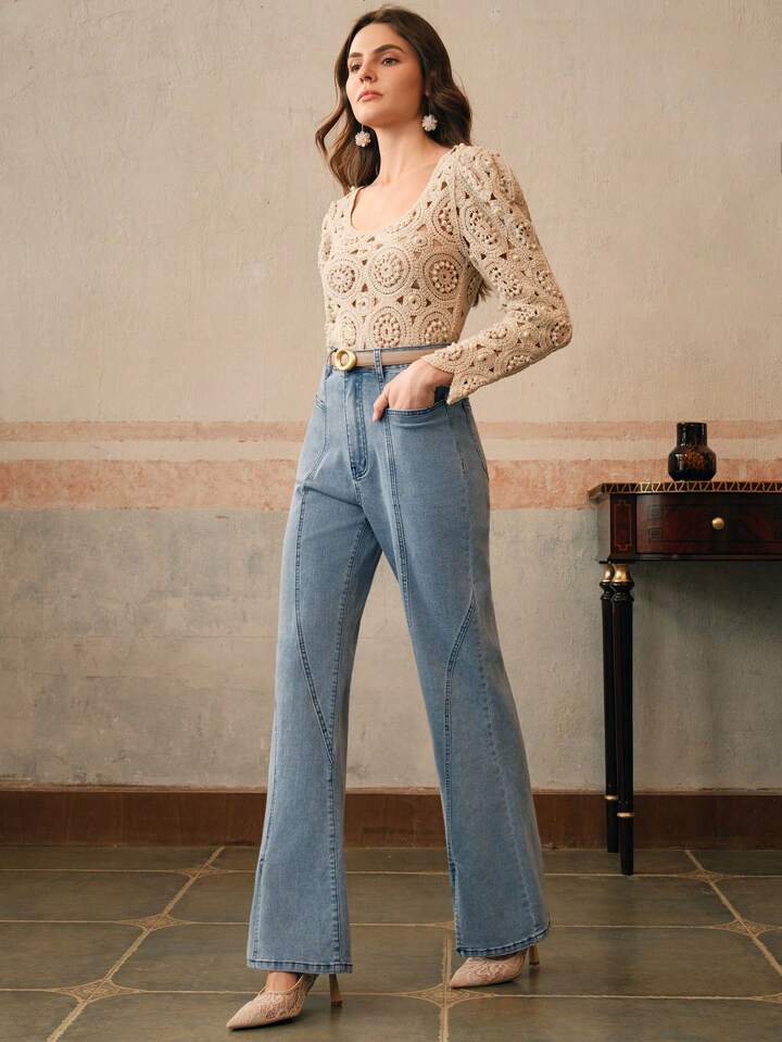CM-BS068890 Women Casual Seoul Style Bell Bottom High Waist Flare Leg Jeans - Blue