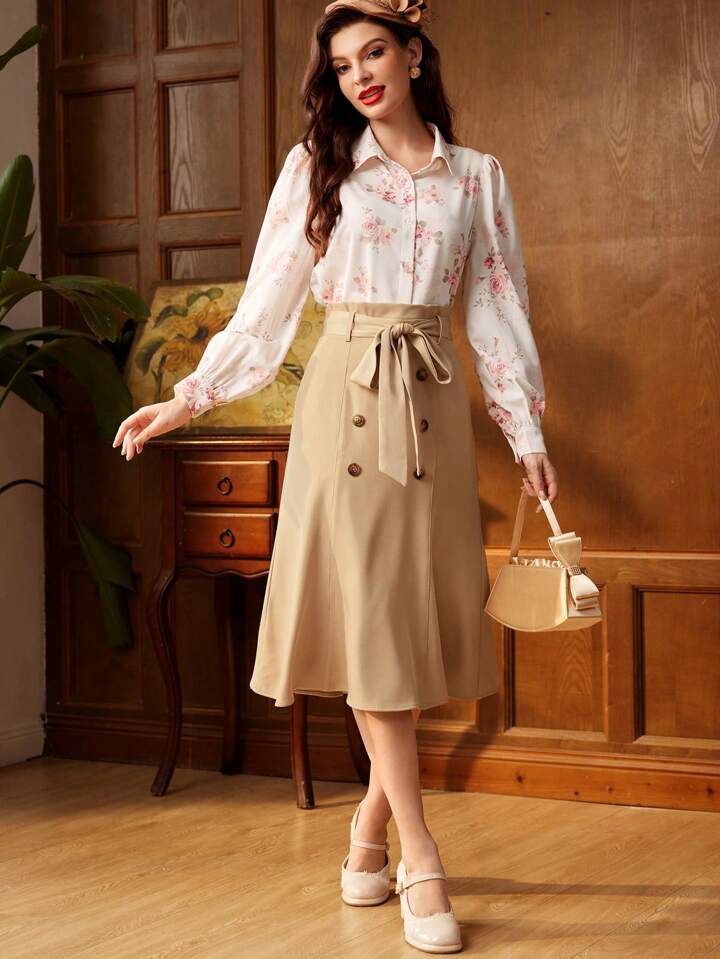 CM-BS221728 Women Casual Seoul Style Double-Breasted Bow Waist Belt Mermaid Skirt - Khaki