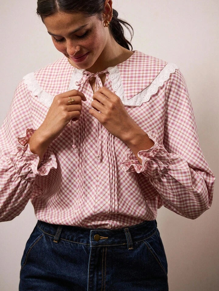 CM-TS124165 Women Casual Seoul Style Lace-Trimmed Peter Pan Collar Ruched Long Sleeve Gingham Blouse - Pink