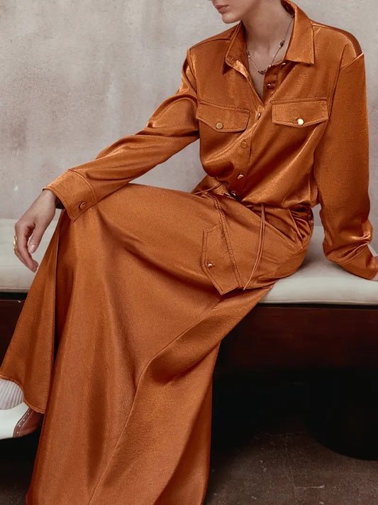 CM-ST351276 Women Elegant Seoul Style Solid Color Front Button Long Sleeve Drawstring Top With Maxi Skirt - Set