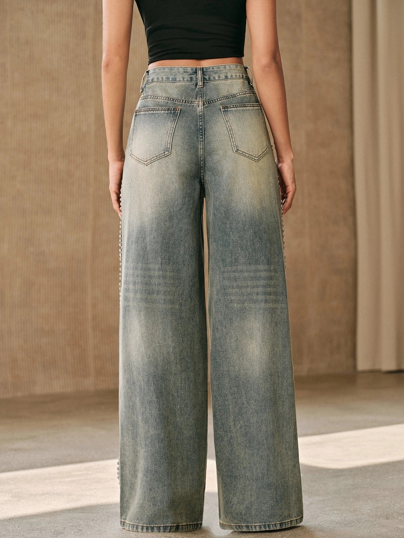 CM-BS803378 Women Casual Seoul Style Mid Waist Iridescent Rhinestone Straight Leg Jeans - Blue