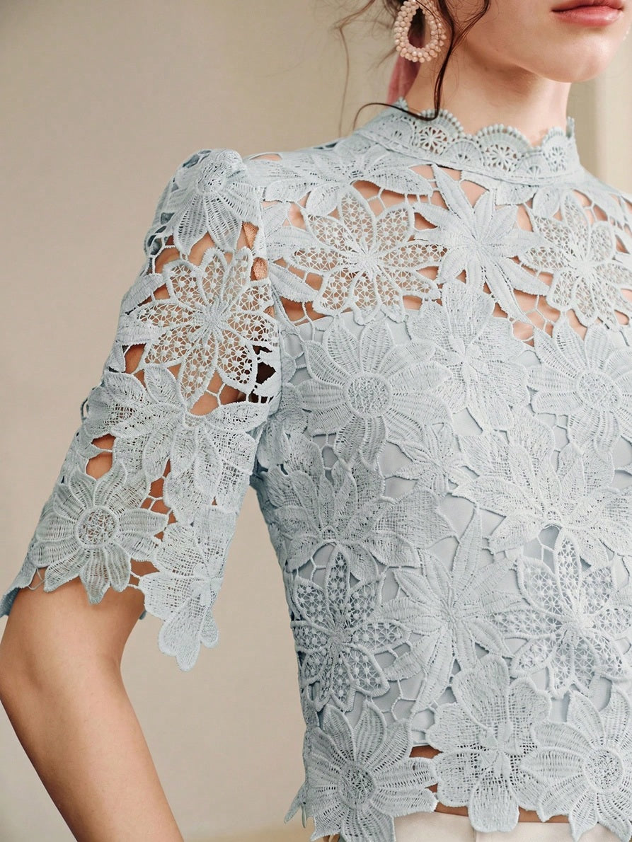 CM-TS859130 Women Elegant Seoul Style Collar Lace Cropped Floral Hollow Out Puff Sleeve Top - Dusty Blue