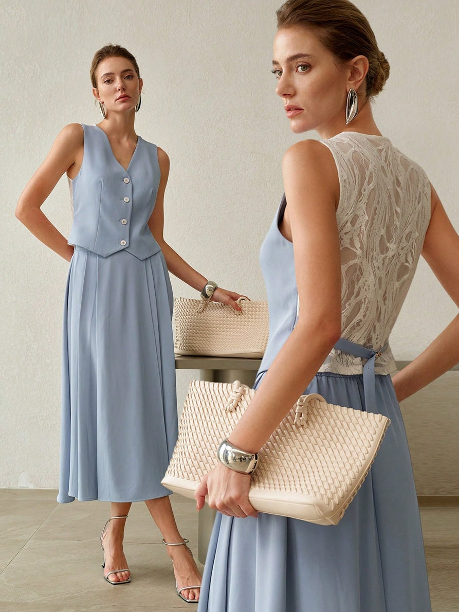 CM-SS290413 Women Elegant Seoul Style V-Neck Sleeveless Contrast Lace Top With Midi Skirt - Set