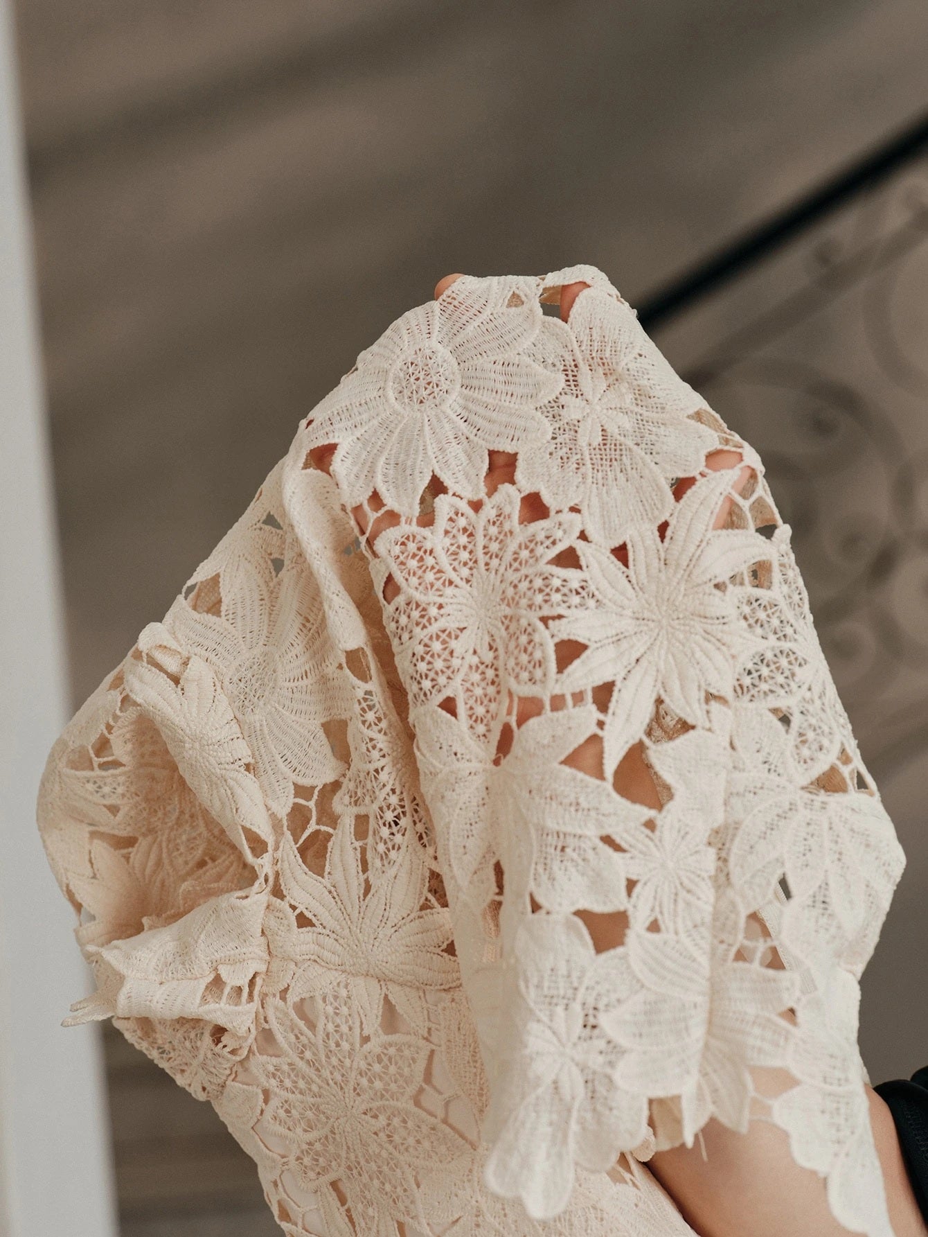 CM-TS163047 Women Elegant Seoul Style Tie Neck Puff Sleeve Hollow Lace Bowknot Blouse - Apricot