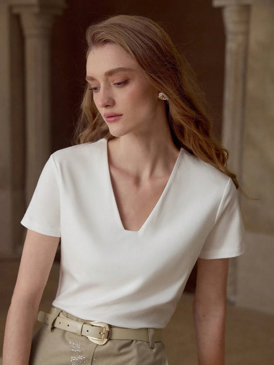 CM-TS744421 Women Elegant Seoul Style V-Neck Short Sleeve T-Shirt - White