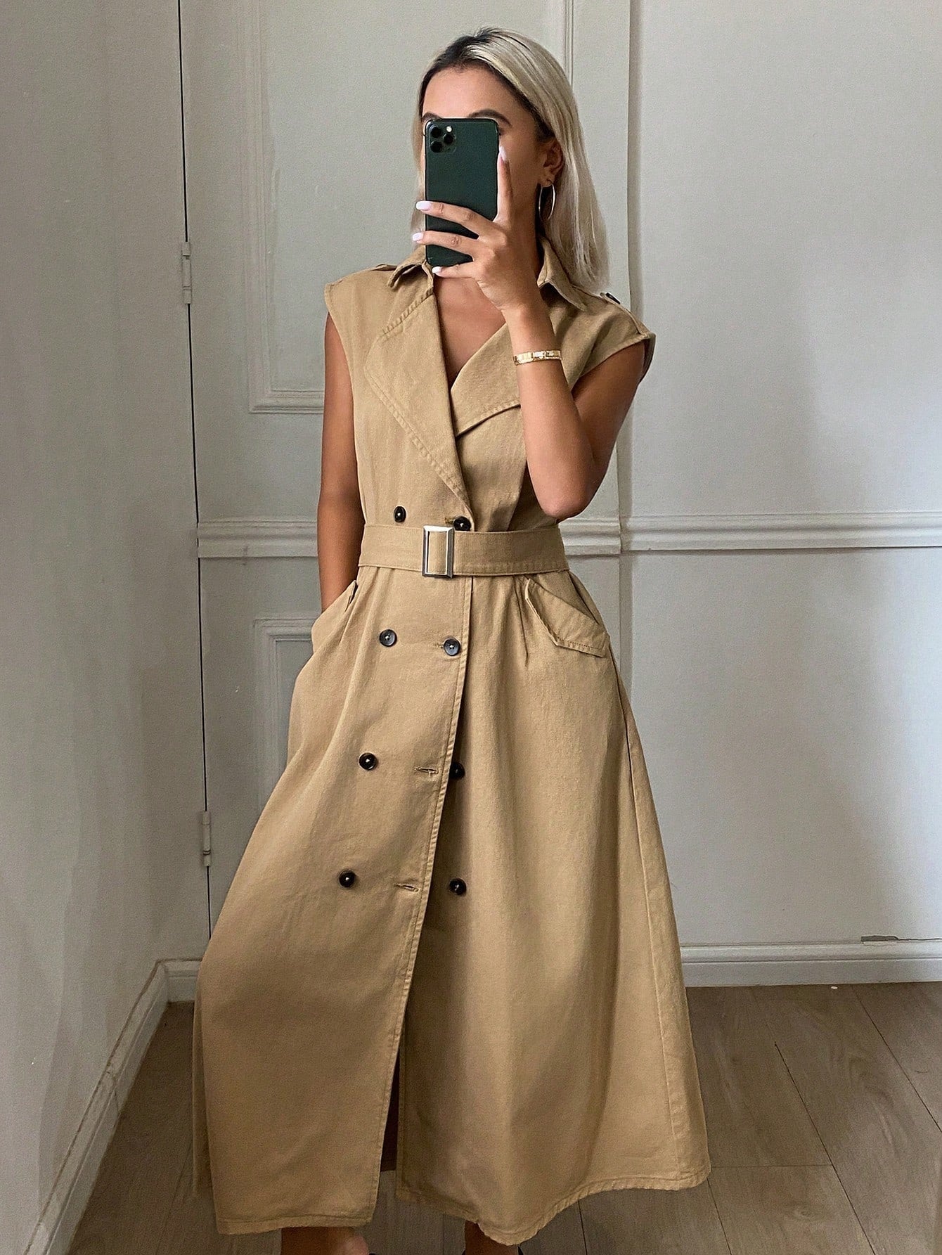CM-DS808947 Women Casual Seoul Style Lapel Collar Double-Breasted Sleeveless Cinched Waist Denim Dress - Khaki
