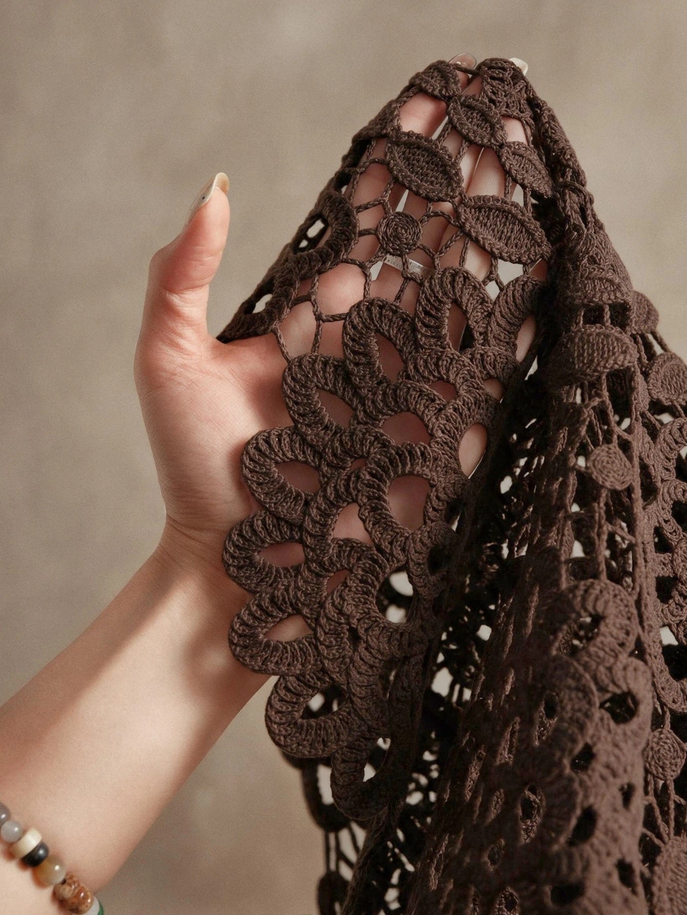 CM-TS770735 Women Casual Seoul Style Collar Neckline Half Sleeve Floral Hollow Out Lace Shirt Blouse - Coffee Brown
