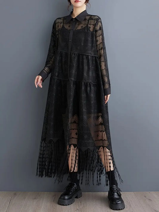 CM-DT294481 Women Casual Seoul Style Lapel Neckline See-Through Hollow Tassel Long Dress - Black