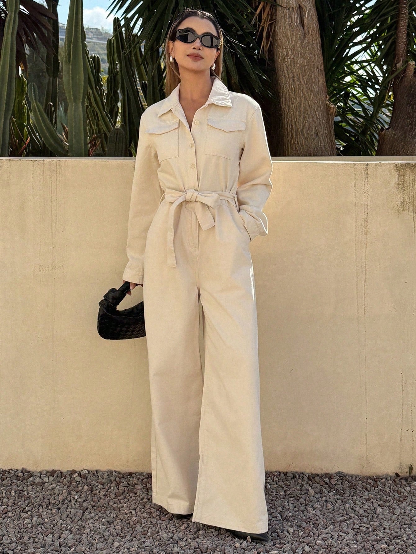 CM-JS831141 Women Casual Seoul Style Collared Pocket Long Sleeve Cinched Waist Denim Jumpsuit - Beige