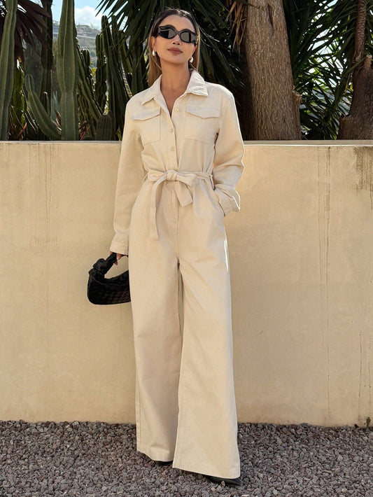CM-JS831141 Women Casual Seoul Style Collared Pocket Long Sleeve Cinched Waist Denim Jumpsuit - Beige