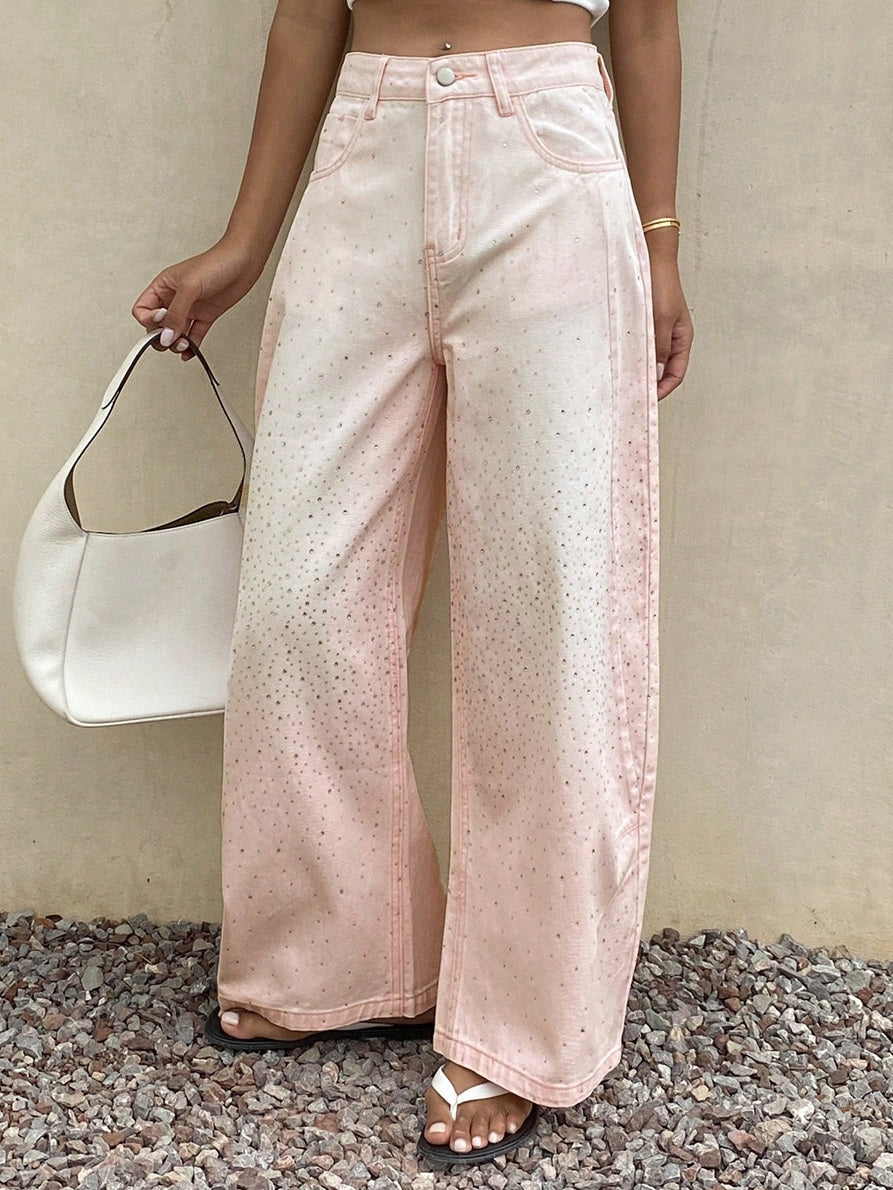 CM-BS344032 Women Casual Seoul Style Rhinestone Curved Leg Loose Long Denim Pants - Pink