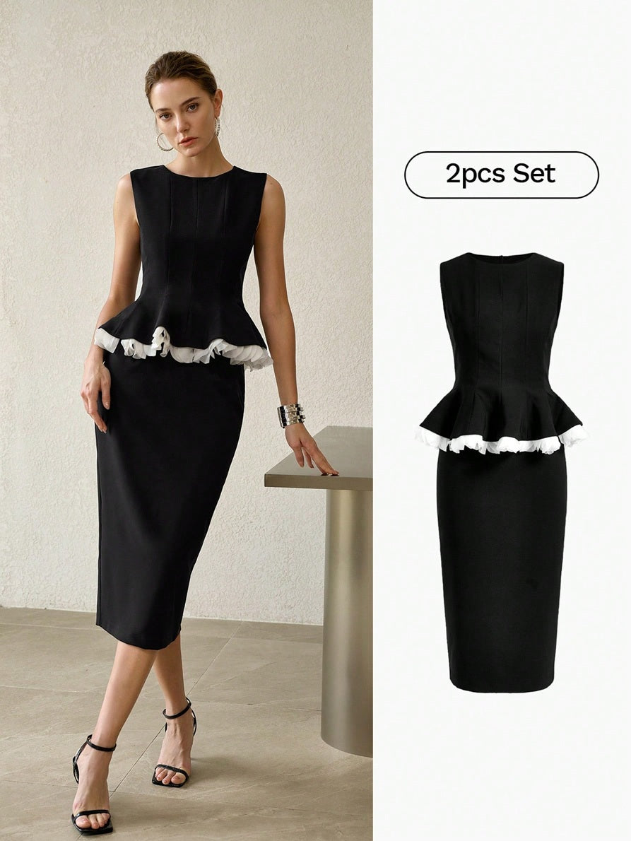 CM-SS084702 Women Elegant Seoul Style Minimalist Patchwork Ruffle Sleeveless Top With Midi Skirt - Set