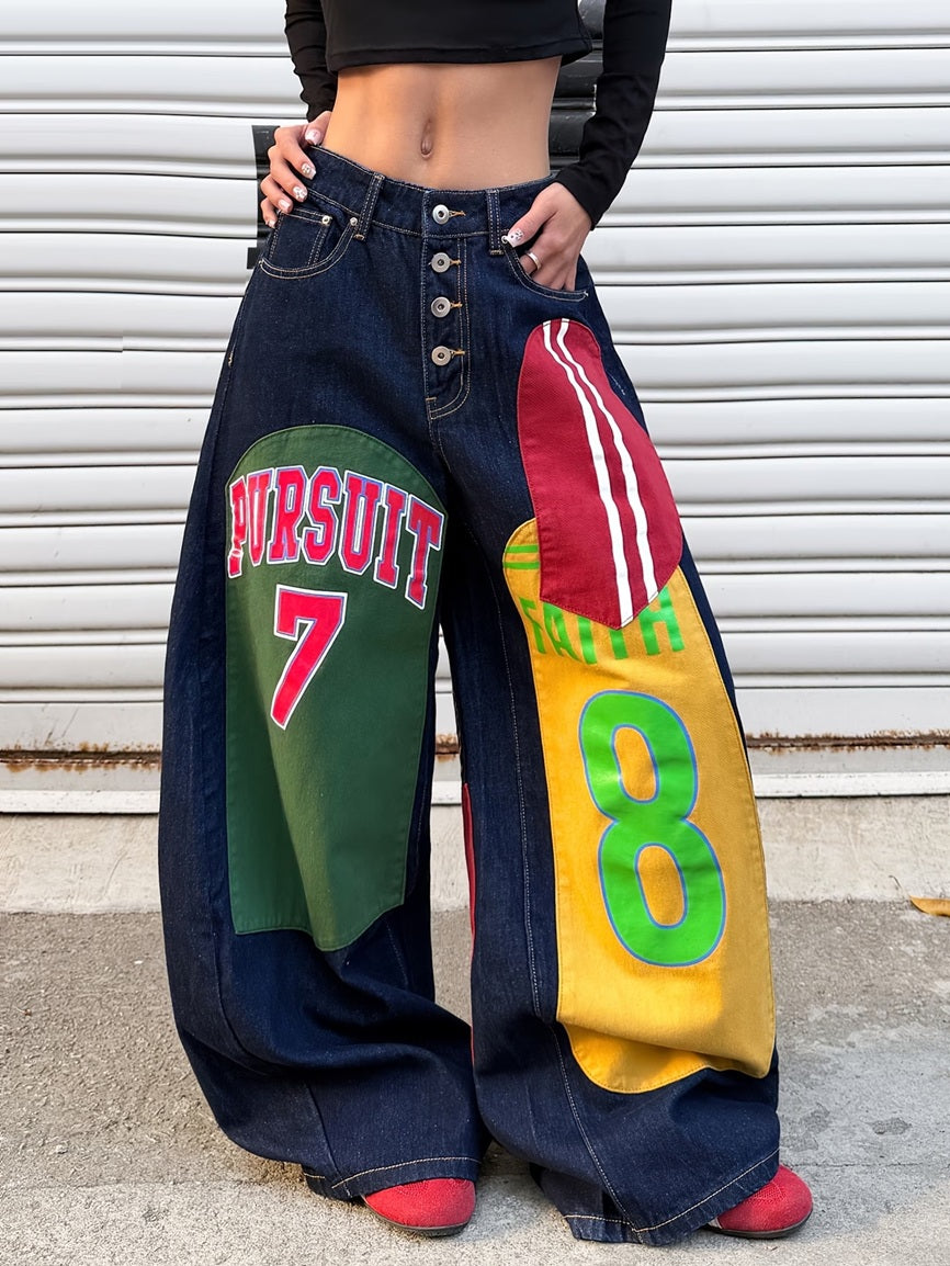CM-BT608328 Women Casual Seoul Style Multi-Color Contrast Patchwork Letter And Number Cartoon Print Design Jeans