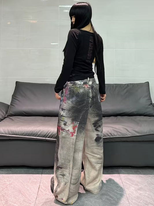 CM-BT477920 Women Casual Seoul Style Mid Waist 3D Printed Graffiti Loose-Fit Wide Leg Jeans