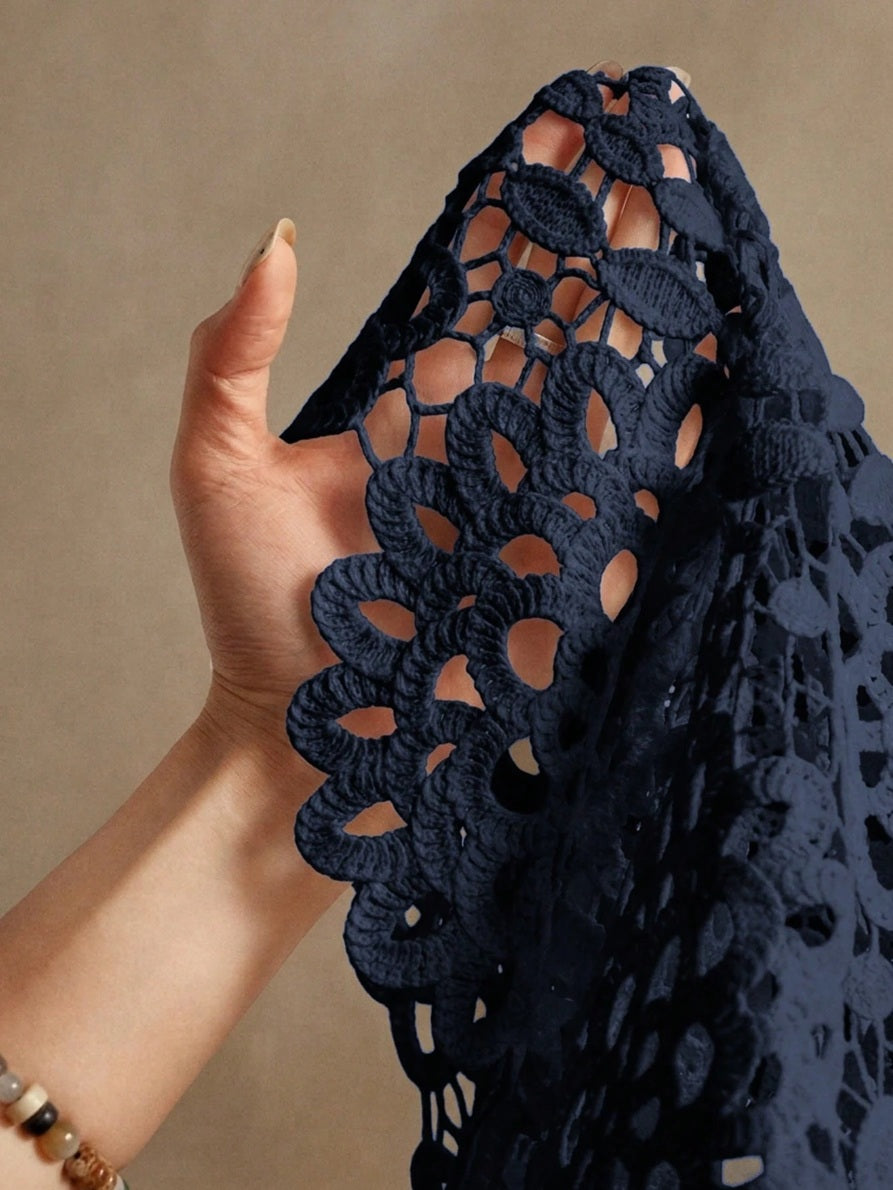 CM-TS672143 Women Casual Seoul Style Collar Neckline Half Sleeve Floral Hollow Out Lace Shirt Blouse - Navy Blue