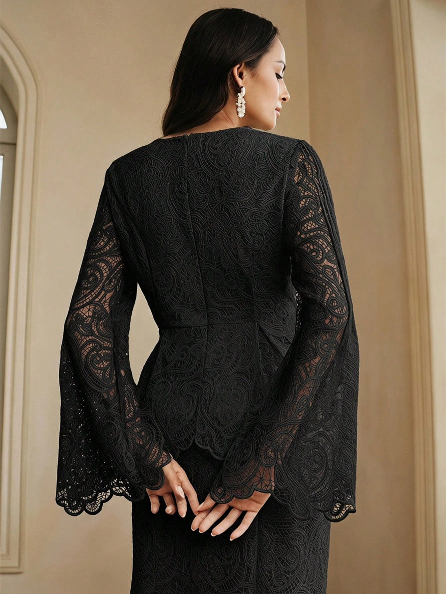 CM-TS175417 Women Elegant Seoul Style Round Neck Lace Bell Extra Long Sleeve Top - Black