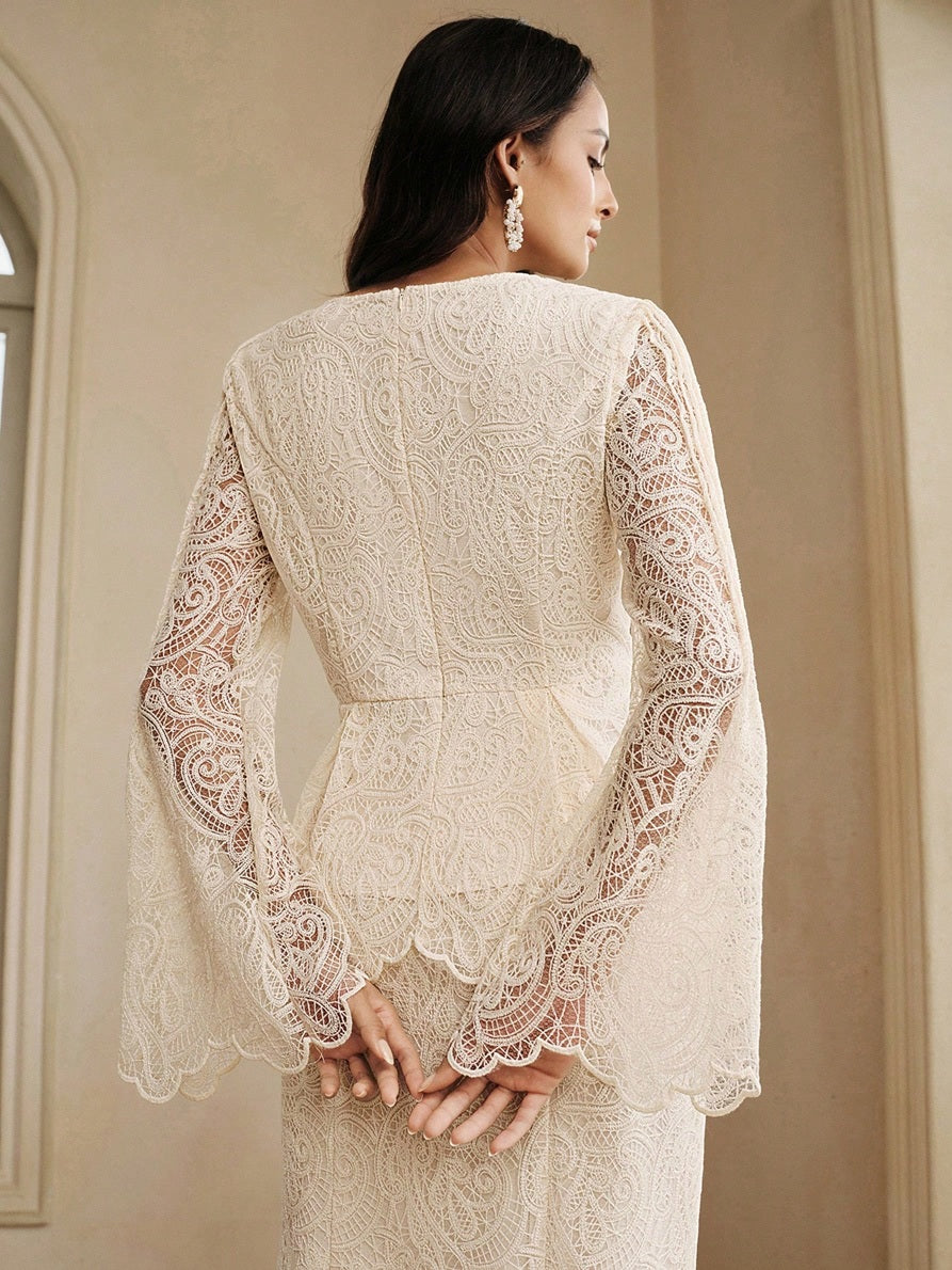 CM-TS165809 Women Elegant Seoul Style Round Neck Lace Bell Extra Long Sleeve Top - Apricot