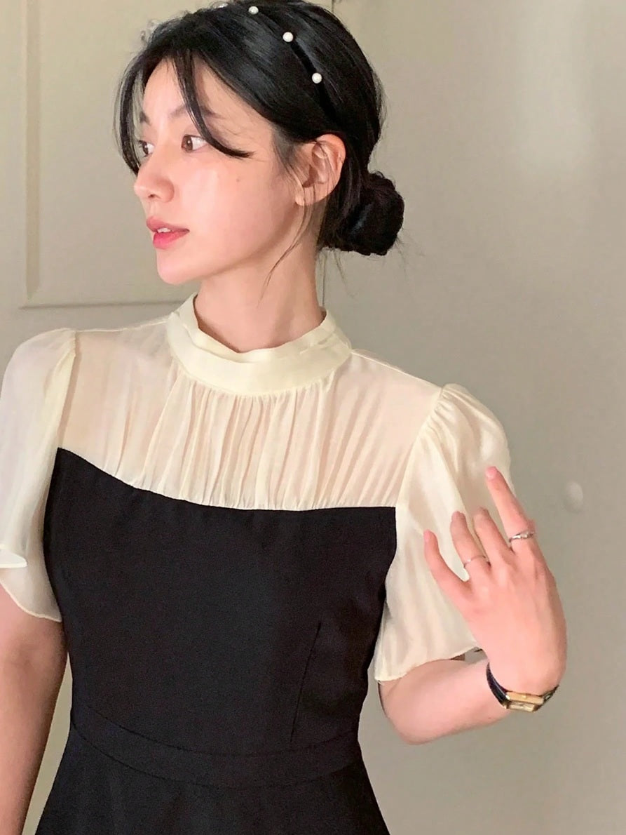 CM-DS116914 Women Elegant Seoul Style Stand Collar Puff Sleeve Patchwork Contrast Color Waist-Cinched Midi Dress