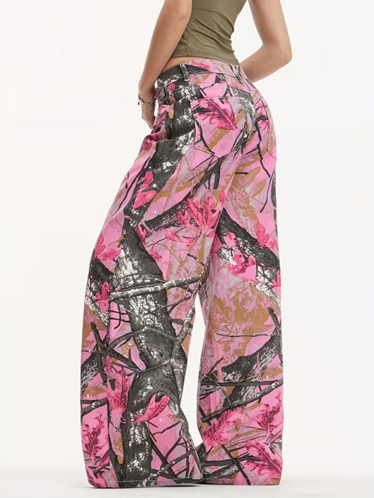 CM-BT141791 Women Casual Seoul Style Mid Waist Graffiti Maple Leaf Print Loose Wide Leg Jeans
