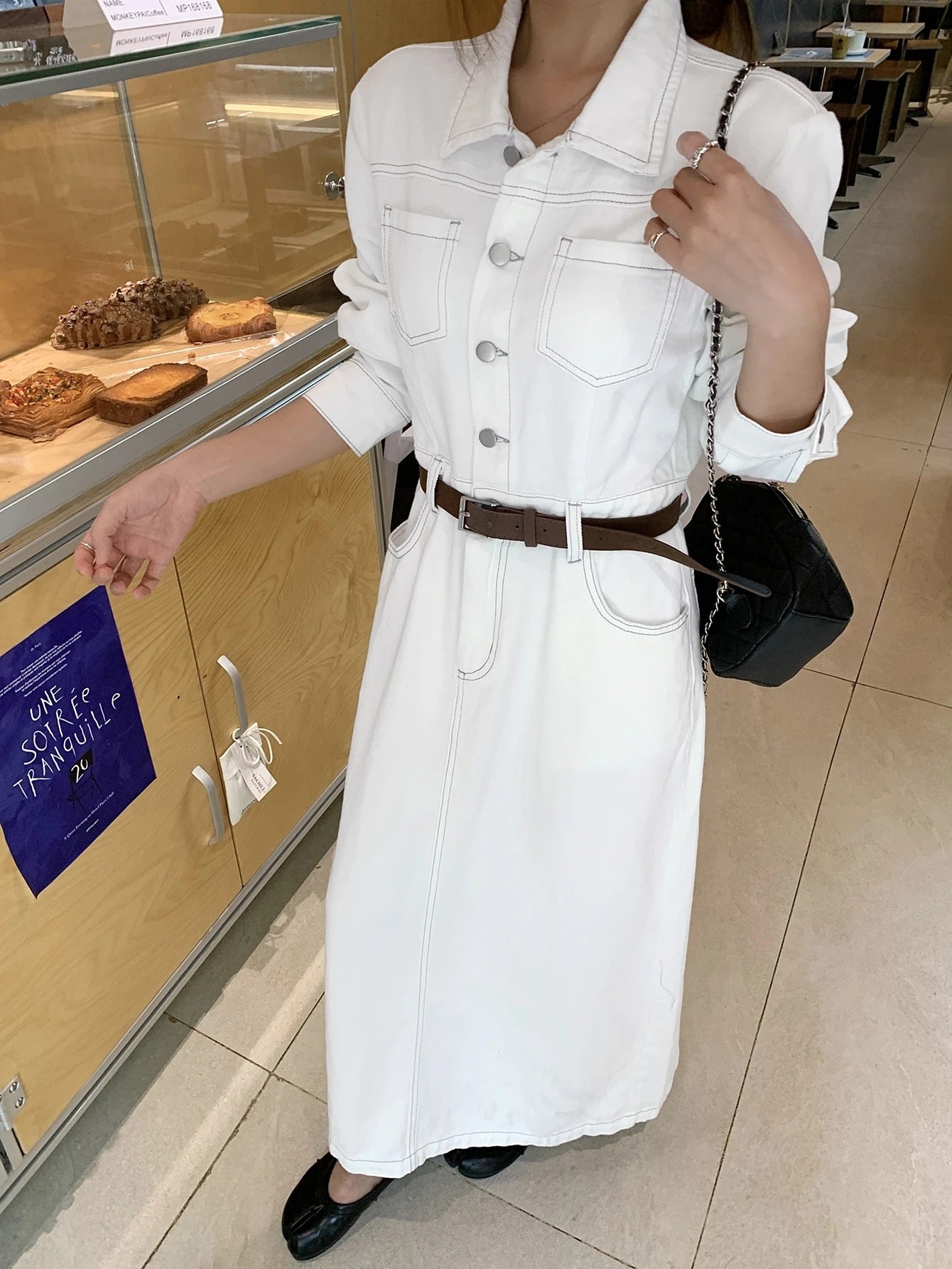CM-DS982217 Women Casual Seoul Style Collar Neckline Long Sleeve Button Half-Placket Denim Dress - White
