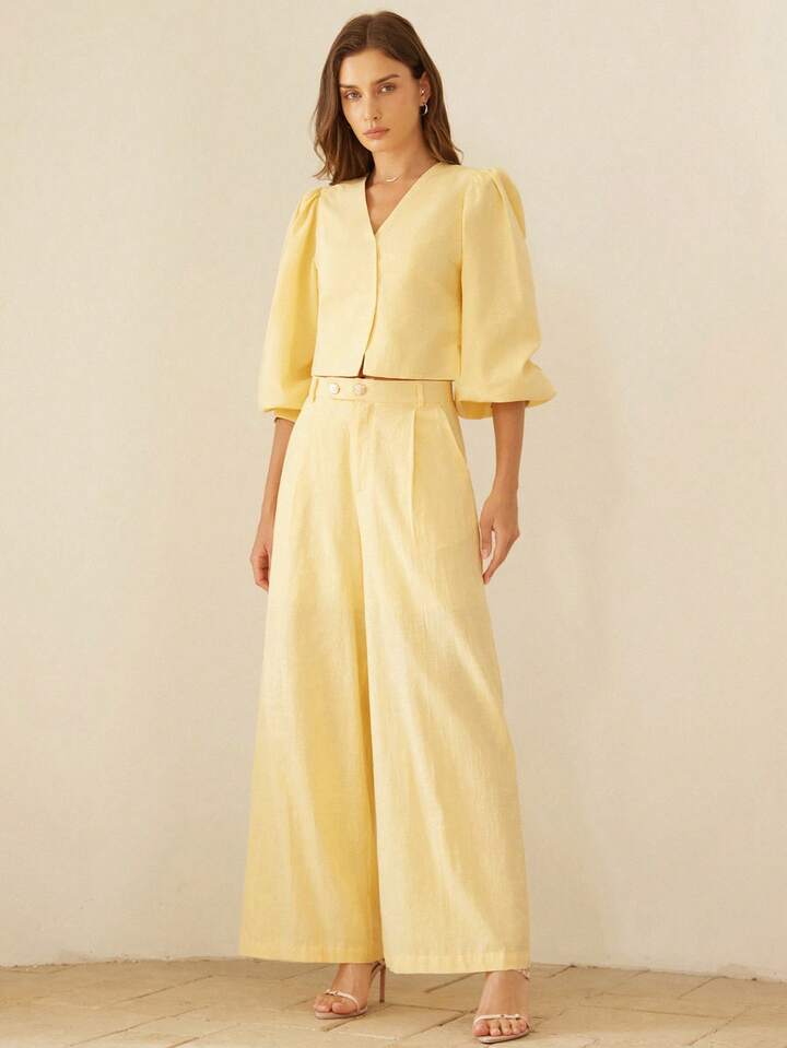CM-SS911845 Women Elegant Seoul Style V-Neck Puff Sleeve Crop Top With Pleated Straight-Leg Button-Decor Pants - Set