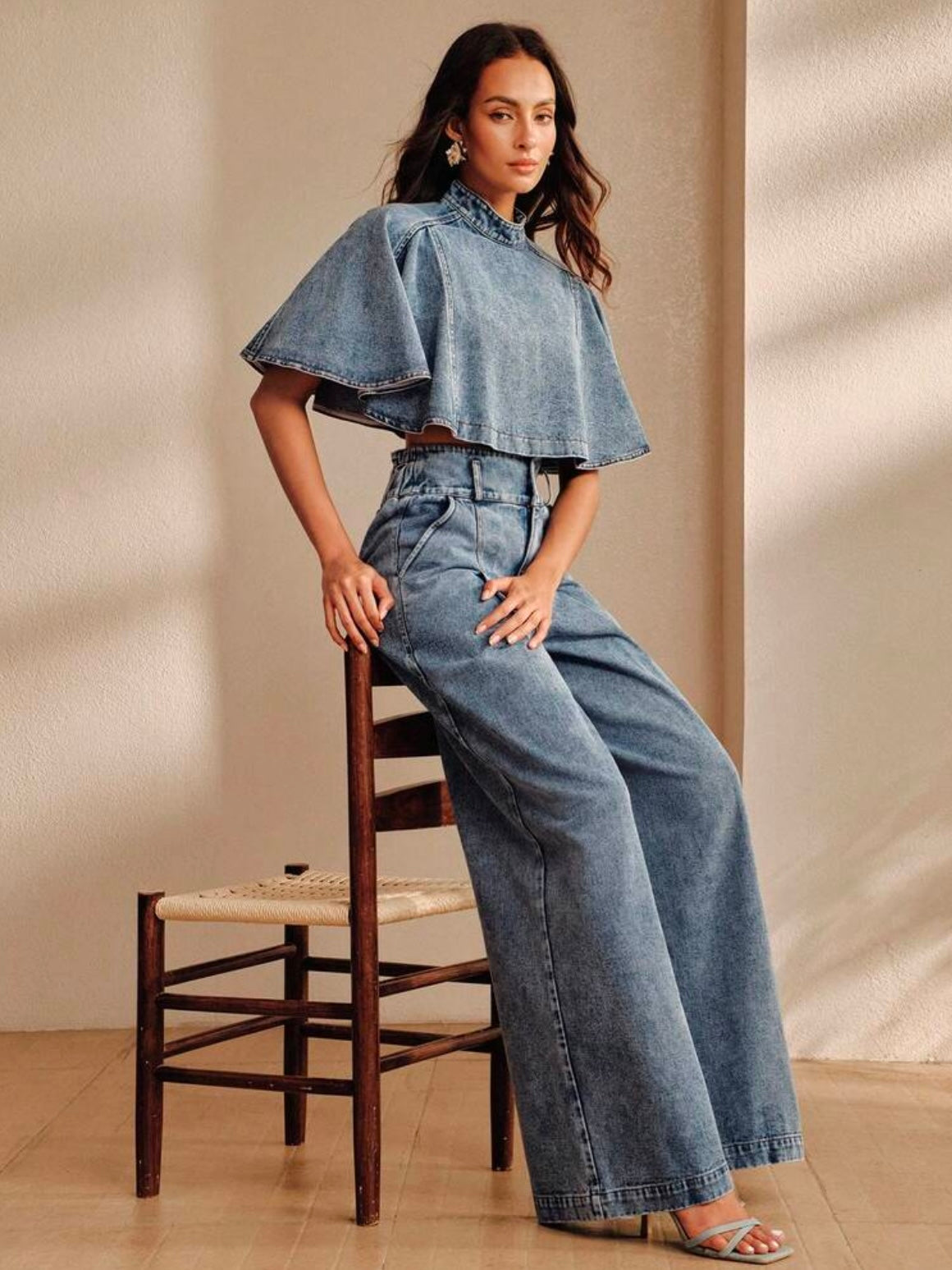 CM-SS412905 Women Elegant Seoul Style Stand Collar Cloak Sleeve Cape Top With High Waist Wide Leg Long Pants - Set