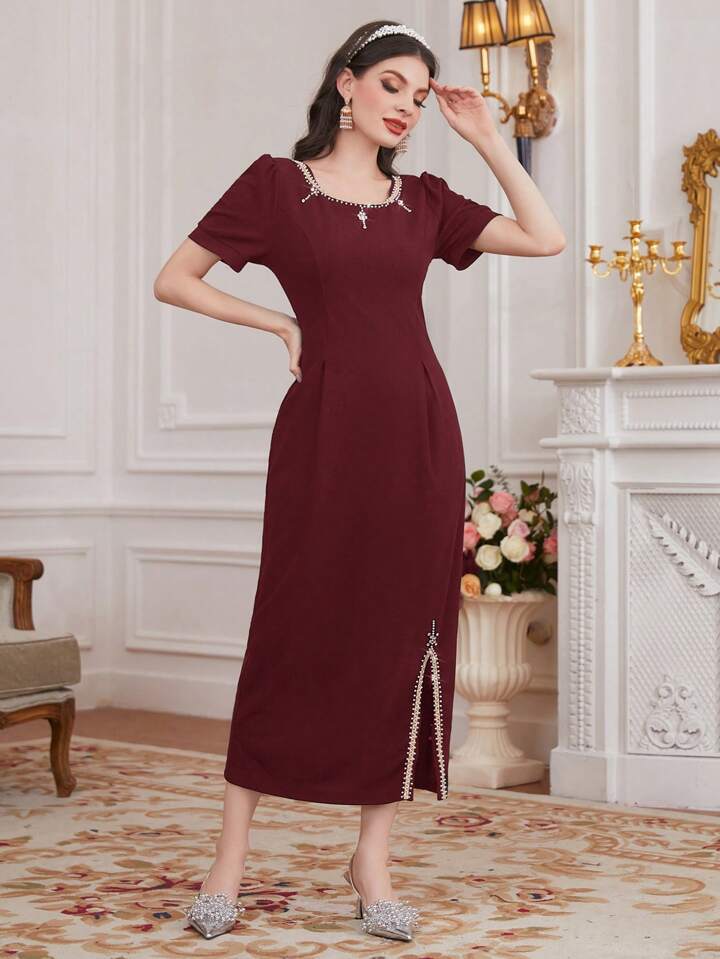 CM-DS510354 Women Elegant Seoul Style Rhinestone Stud Embellished Split Hem Maxi Dress
