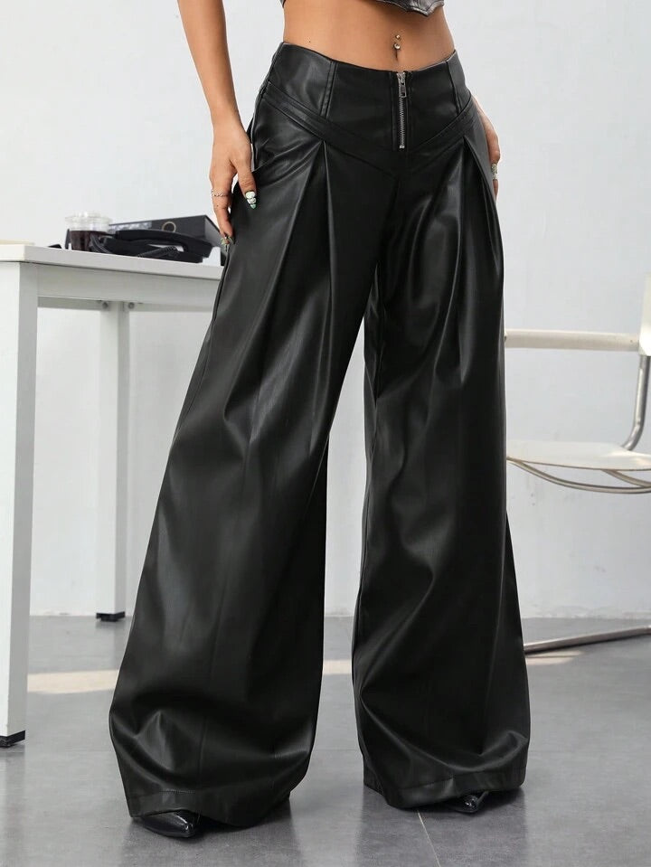 CM-BS428346 Women Elegant Seoul Style Ultra Low Waist Metallic Zipper Wide Leg Pants