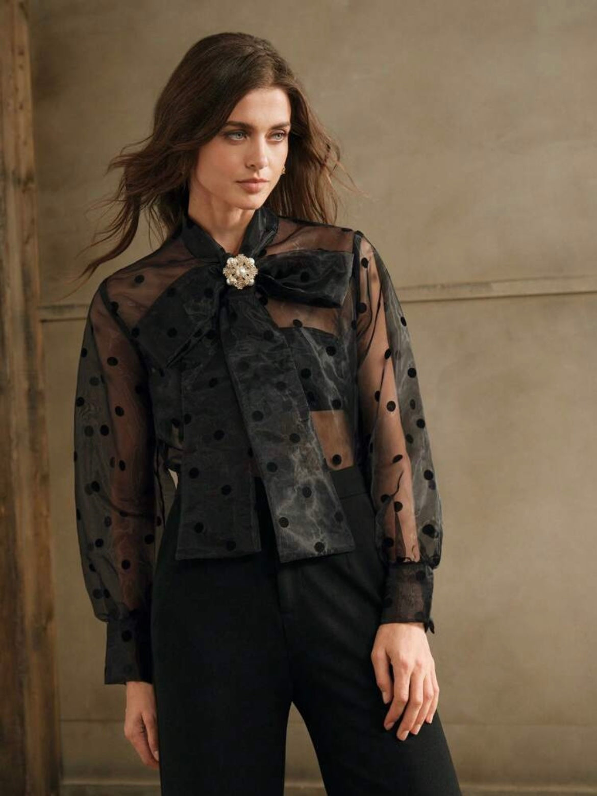 CM-TS463033 Women Elegant Seoul Style Pearl Metallic Accessory Sheer Polka Dot Blouse With Bow Collar