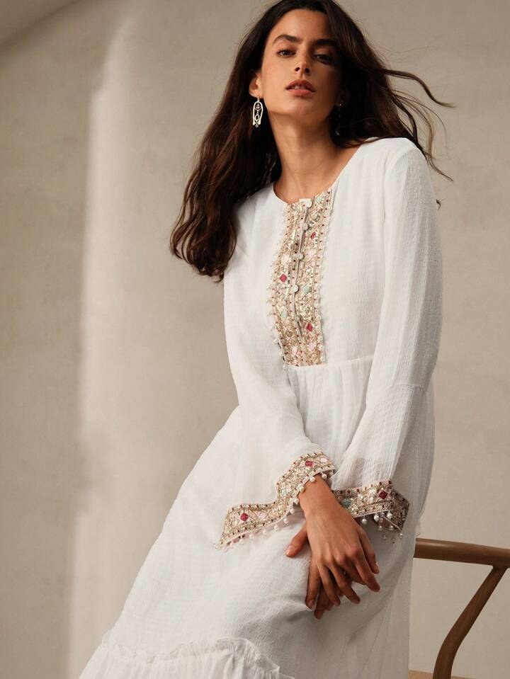CM-DS694836 Women Trendy Bohemian Style Tie Neck Embroidered Beaded A-Line Dress - White