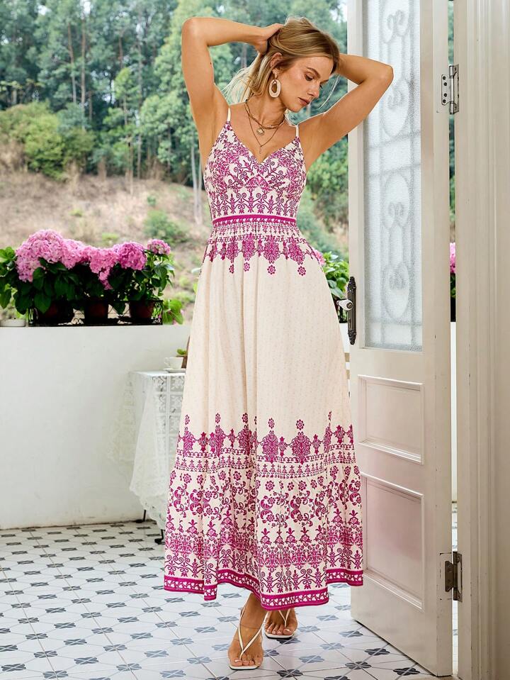 CM-DS578444 Women Casual Seoul Style Floral Printed Spaghetti Strap Dress - Hot Pink