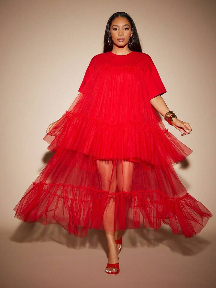 CM-DS209036 Women Elegant Seoul Style Round Neck Short Sleeve Contrast Mesh Tulle Tiered Maxi Dress - Red