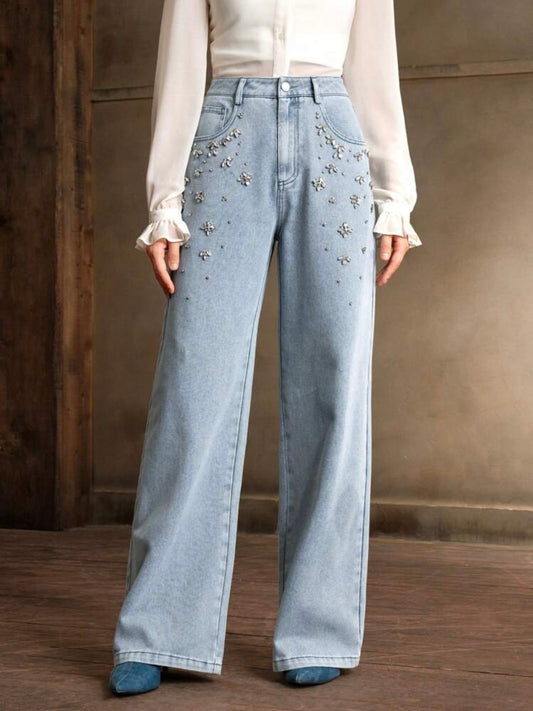 CM-BS106565 Women Elegant Seoul Style Light Wash Floral Diamond Decor Wide Leg Jeans