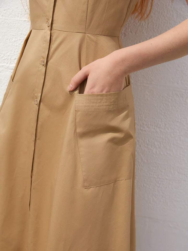CM-DS774215 Women Casual Seoul Style Collar Neckline Sleeveless Shirt Dress - Khaki