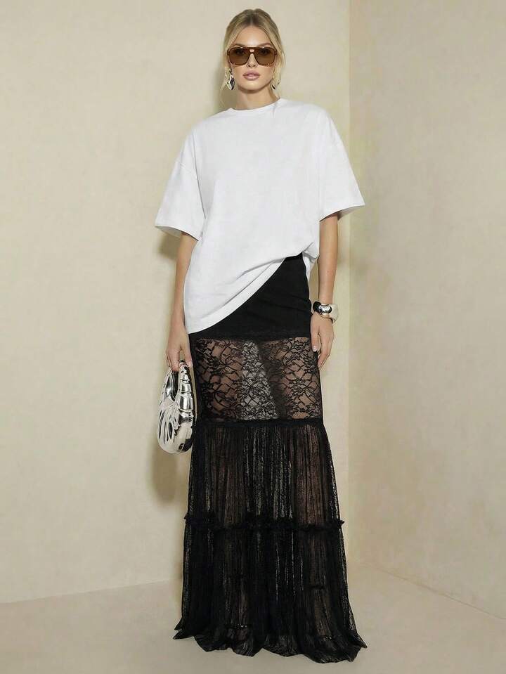 CM-BS365072 Women Elegant Seoul Style Chiffon Lace Hollow Out Lace Patchwork Ruffled Trim Long Skirt - Black